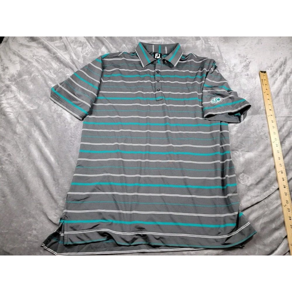 FJ Footjoy Polo Shirt‎ Men's XL teal, gray Striped Short Sleeve Golf Performance